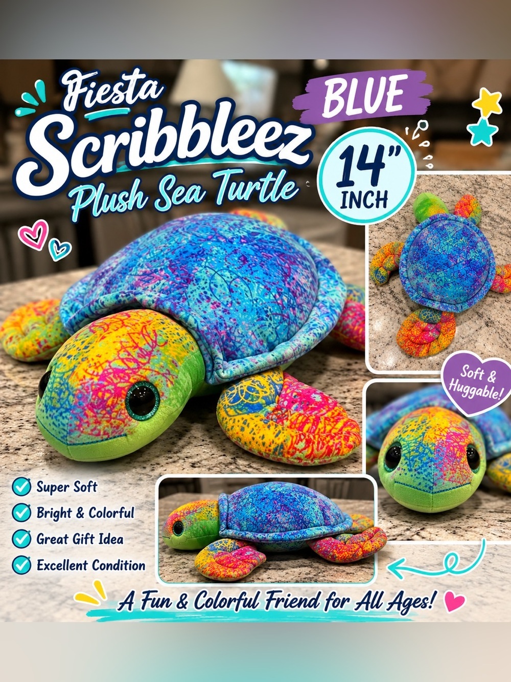 Fiesta Scribbleez plush sea turtle, specifically the "Blue"
14”